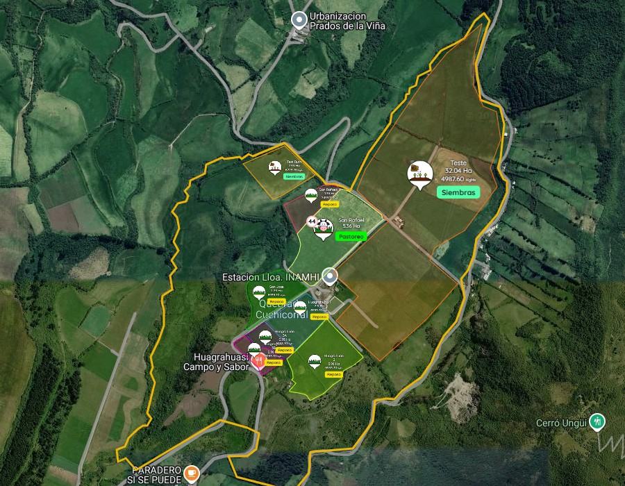 Mapa de satélite da fazenda com o perímetro e os piquetes marcados conforme o estado